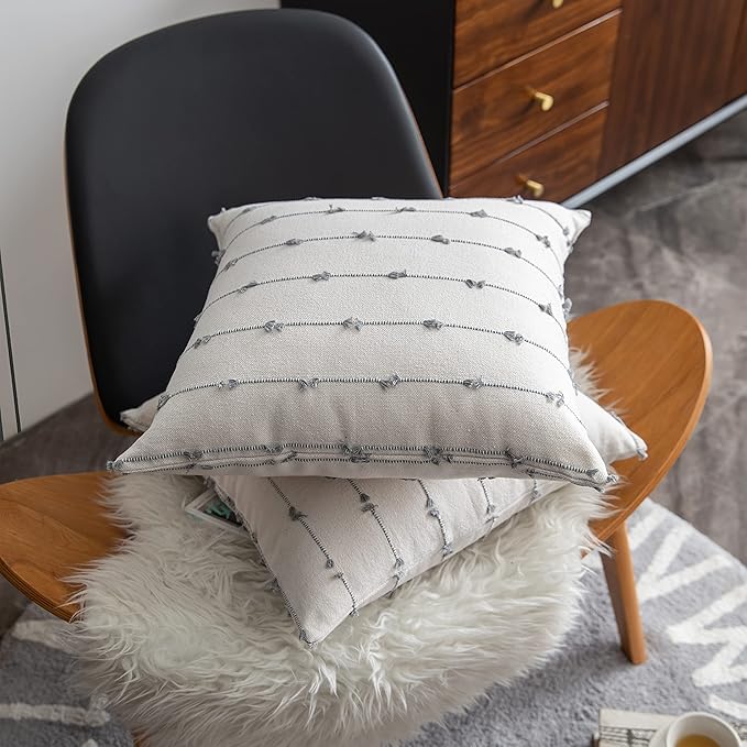 Caflife Boho Throw Pillow Covers 22x22 inches Beige and Grey, Set of 2 Modern Farmhouse Decorative Pillow Covers for Couch Bed, Living Room