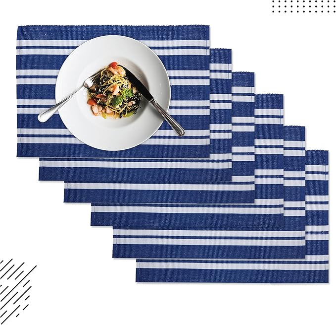 Encasa XO Dining Placemat Set of 6 | Solid Franca Blue Stripes Color | Fine Ribbed Cotton Table mat | Size 19x13 in |for Dining Table Fall Decoration, Holiday & Christmas Festivals - Machine Washable