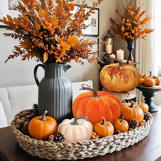2pcs Velvet Fake Pumpkins Fall Harvest Fabric Foam Pumpkin Thanksgiving Halloween Decor for Table Centerpiece Wedding Farmhouse (2, Orange Gold, L)