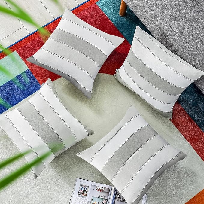 AmHoo Pack of 2 Farmhouse Stripe Check Throw Pillow Covers Set Case Cotton Linen Decorative Pillowcases Cushion Cover for Couch Bench Sofa 26x26Inch Light Grey Beige