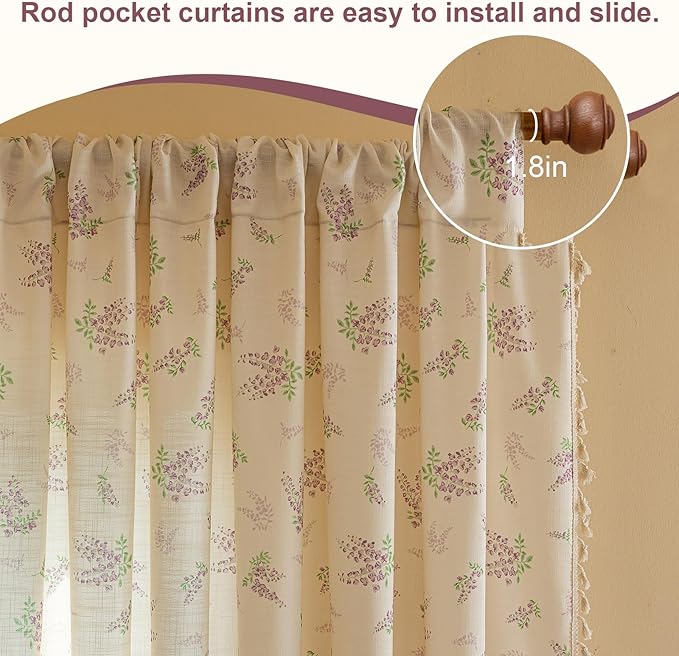 OYX Purple Boho Floral Curtains 63 Inch Length 2 Panels for Living Room, Bedroom Light Filtering Drapes, Farmhouse Country French Rustic Tassels Patterned Rod Pocket Aesthetic Decor Window Treatments