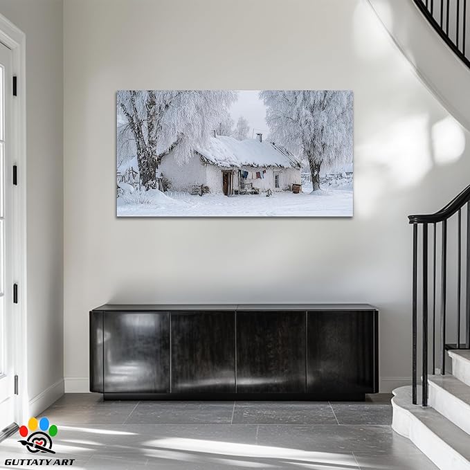 GUTTATY Christmas Winter Scene Canvas Pictures, Snowy Village Wall Decor, White Frost Landscape Canvas Artwork, Rustic Cabin Wall Painting for Living Room, Bedroom, Holiday Decoration, 60x30 Inch