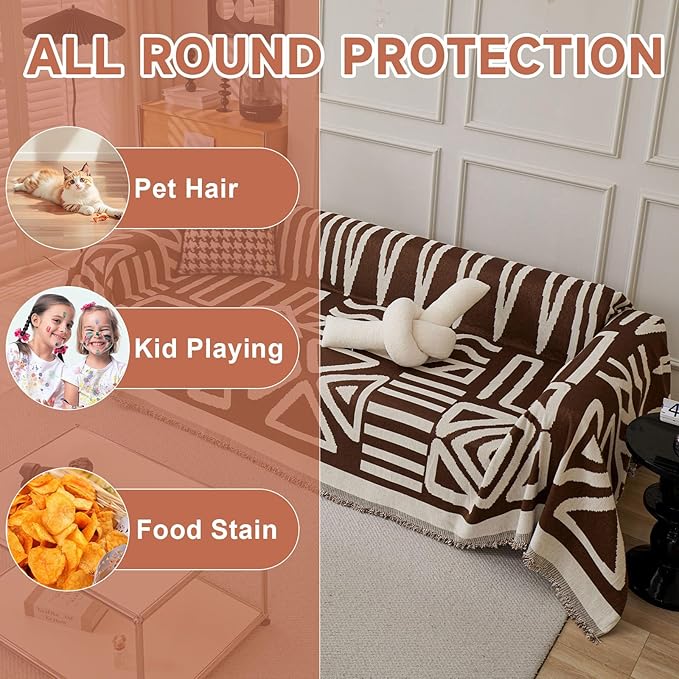 VClife Armchair Couch Cover, 1 Piece Boho Tribal Chocolate and White Geometric Jacquard Sofa Cover for 1 Cushion Couch Sofa, Soft Washable Chenille Chair Cover Slipcover for Living Room 71"X90"