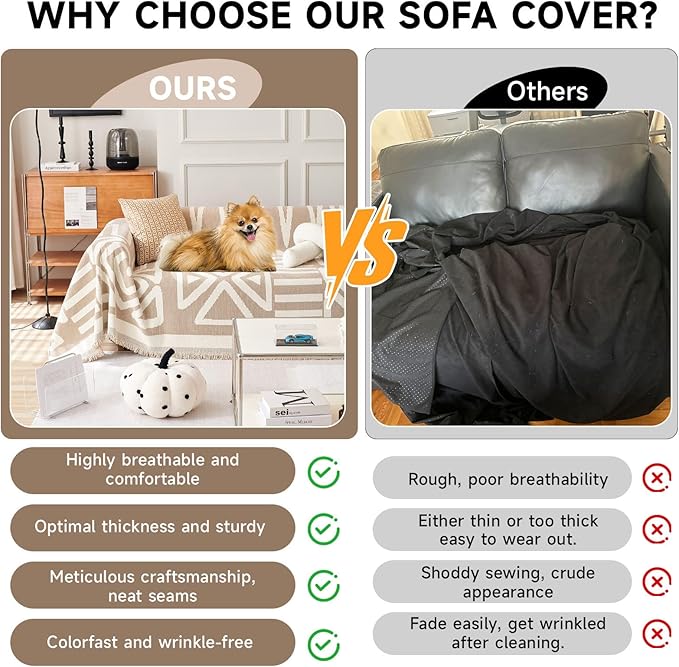 VClife Couch Cover Boho, Khaki Jacquard Sofa Cover for 3 Cushion Couch Sofa, Anti Slip Dog Sofa Couch Cover Washable Sofa Slipcover L-Shape Sectional Sofa Cover with Tassel, 91"x134"