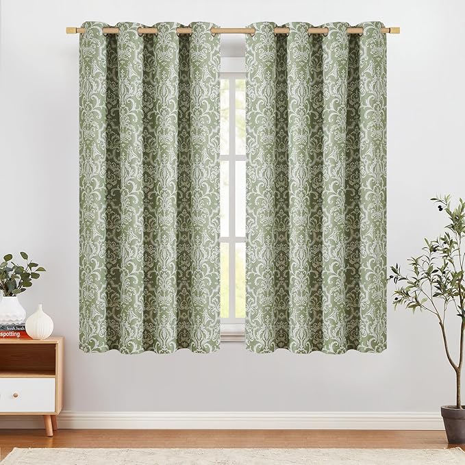 jinchan Room Darkening Curtains for Bedroom Sage Green Damask Patterned Curtains 84 Inch Length for Living Room Linen Textured Vintage Drapes Medallion Window Treatments Grommet Top 2 Panels Set