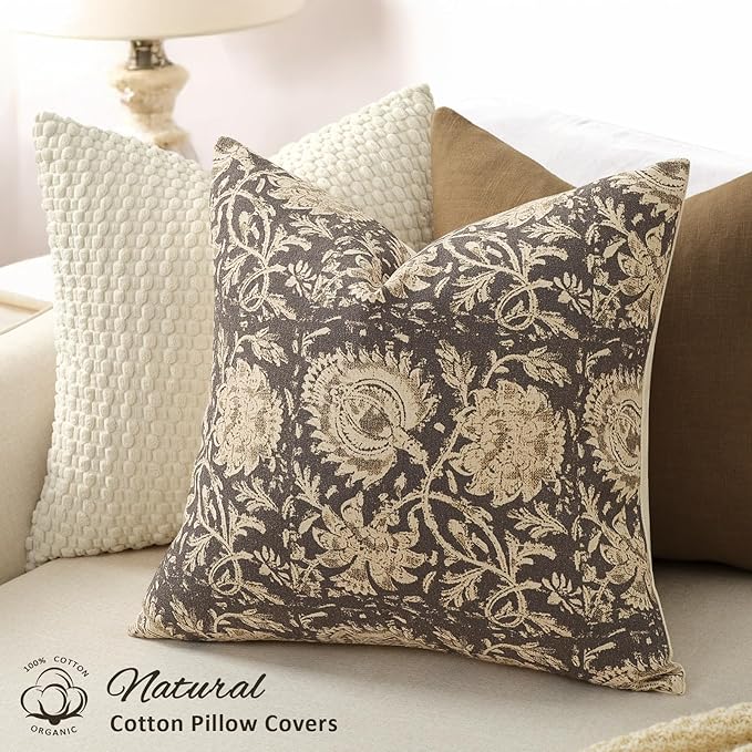 Vintage Floral Print Throw Pillow Covers 24x24 Set of 2 Neutral Modern Farmhouse Pillowcases Accent Decorative Cushion Covers Boho Home Decor for Couch Sofa Chair Bed Living Room, Rustic Gray