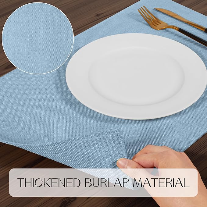 Romanstile Cloth Placemats Set of 8-12 x 18 Inch, Heat Resistant Double Layered Thickened Burlap Place Mats, Washable Faux Linen Farmhouse Table Mats for Kitchen/Dining/Party/Outdoor, Blue