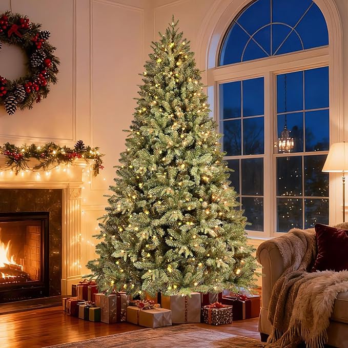 9FT Pre-Lit Artificial Christmas Tree with 3658 PE&PVC Mixed Branch Tips, 850 Warm White Lights, Hinged Premium Spruce Fake Xmas Trees, Green, Foldable Base
