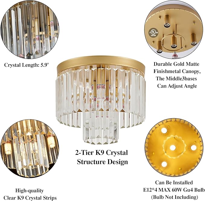 12.6" Gold Crystal Modern Crystal Ceiling Light Fixture, 2-Tier Luxury K9 Crystal, for Dining Room, Kitchen, Island, Living Room, Bedroom