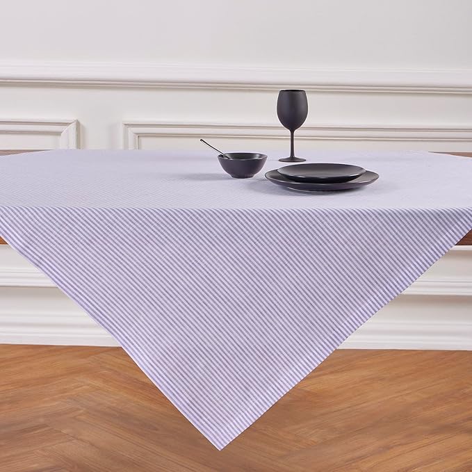 Solino Home Linen Striped Tablecloth 52 x 52 Inch - 100% Pure Linen Lavender and White Square Table Throw - Narrow Stripe, Machine Washable Tablecloth for Fall, Autumn, Thanksgiving, Christmas