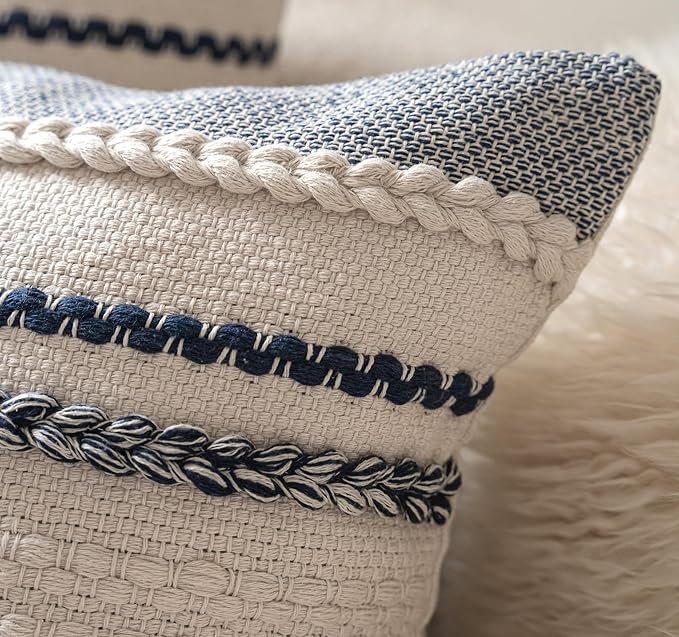 Boho Throw Pillow Covers 20x20 Inch Set of 2, Navy Blue Textured Decorative Couch Pillow Cases for Farmhouse Home Decor, Accent Cushion Cover for Sofa, Bed, Living Room, Bedroom