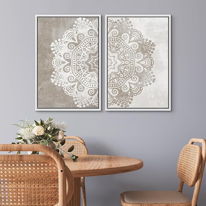 SIGNWIN Framed Canvas Print Wall Art Set Duotone Cultural Indian Mandala Pattern Abstract Shapes Illustrations Modern Art Minimal Boho Relax/Calm for Living Room, Bedroom, Office - 16"x24"x2 White