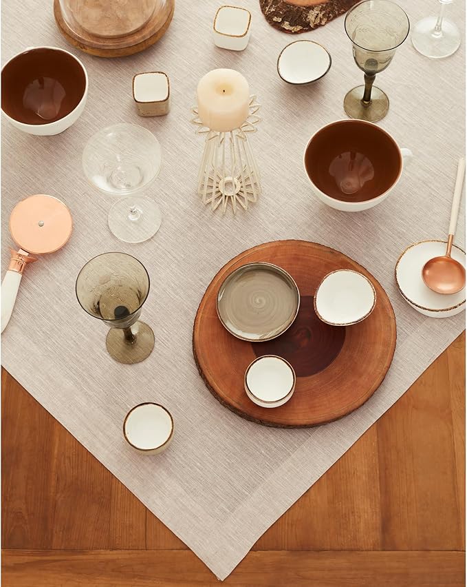 Solino Home Light Natural Linen Tablecloth 52 x 52 Inch - 100% Pure Linen Square Table Throw - Athena, Machine Washable Tablecloth for Fall, Autumn, Thanksgiving, Holiday