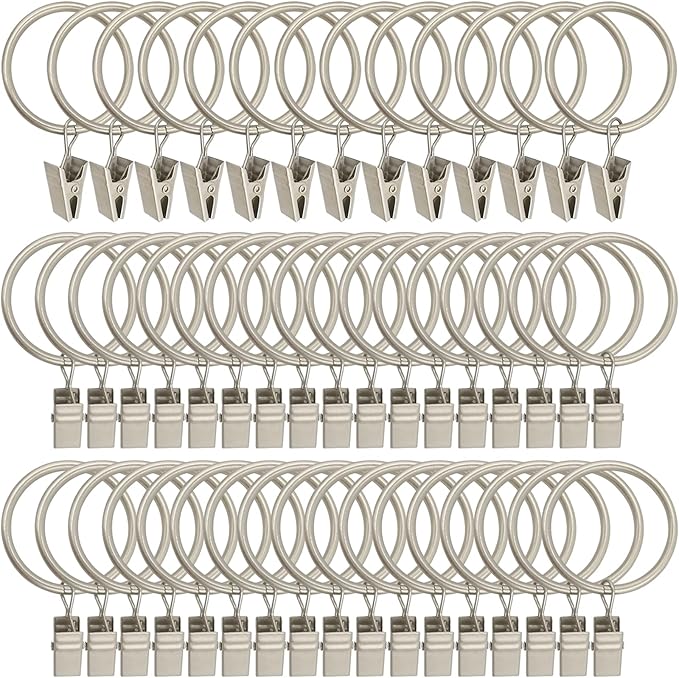 60 Pack Metal Curtain Rings with Clips, Curtain Clip Rings Hooks for Hanging Drapery Drapes Bows, Curtain Rod Rings 1.5 inch Interior Diameter, Matte Silver