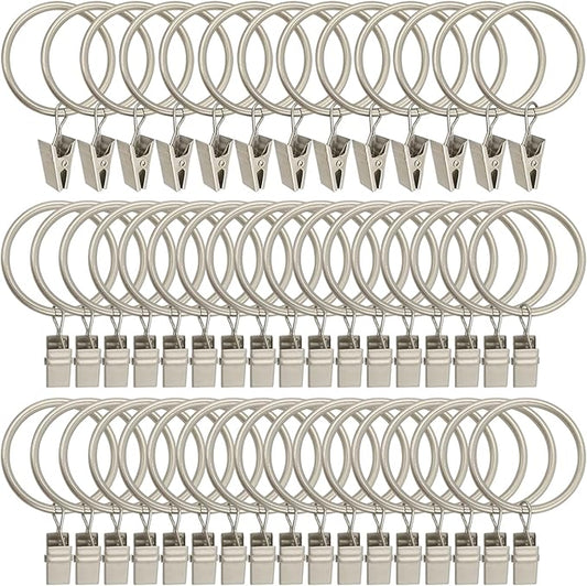 60 Pack Metal Curtain Rings with Clips, Curtain Clip Rings Hooks for Hanging Drapery Drapes Bows, Curtain Rod Rings 1.5 inch Interior Diameter, Matte Silver