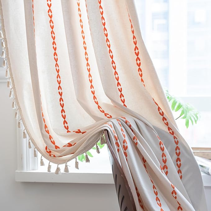 Sutuo Home Boho Curtains 96 inches for Bedroom Living Room, Semi Blackout Embroidery Window Bohemian Tassels Drape for Halloween Festival Decor, Rod Pocket 1 Panel 52" W x 96" L, White and Orange