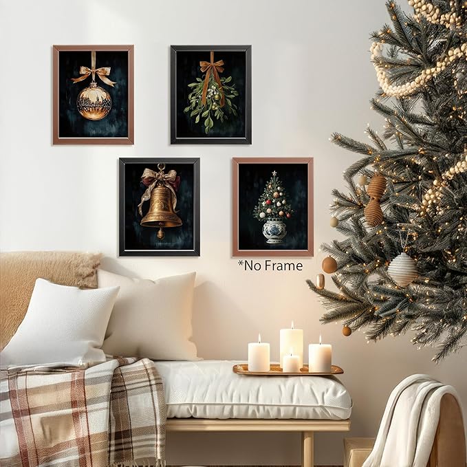 AEHIE Vintage Winter Christmas Tree Bell Wall Art Poster Prints for Home Living Room, Moody Christmas Pictures Poster Prints, Dark Moody Golden Xmas Bell Holiday Wall Art Unframed 4pcs 8x10inch