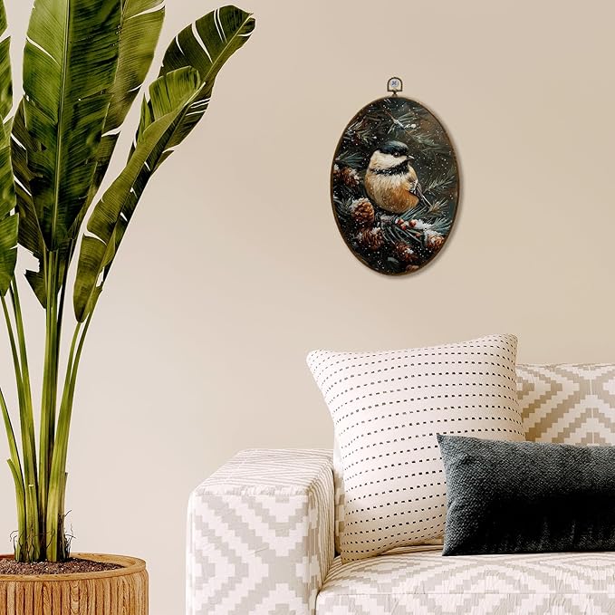 JQF Vintage Winter Chickadees Oval Wall Decor, Christmas Bird Chickadees Oval Canvas Wall Art, Rustic Christmas Pine Cones Framed Prints Hanging Decor for Home Living Room Bedroom, 8.5x11.5 Inch