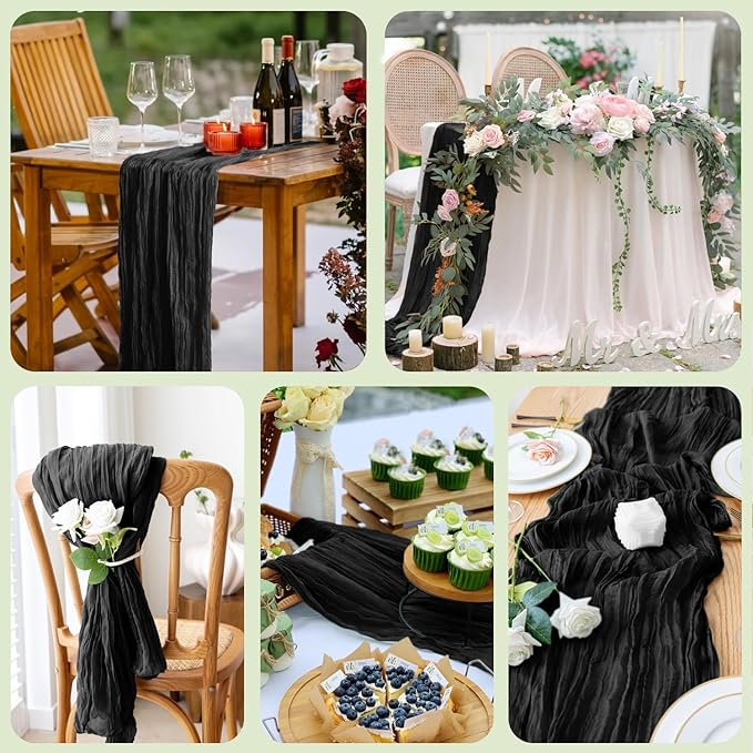 Wokceer Cheesecloth Table Runner Black 10FT Boho Gauze Christmas Cheese Cloth Table Runner for Party Long Rustic Sheer Table Runners for Baby Bridal Shower Wedding Easter Table Decor