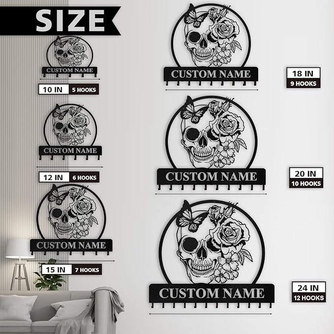 Personalized Key Holder for Wall - Coat Rack Wall Mount with Skeleton & Rose Flower Design, Metal Key Organizer with Hooks, Skull Wall Decor for Bedroom Living Room Entryway, Personalized Gift