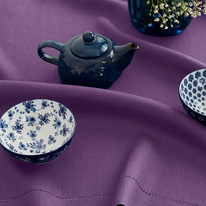 Solino Home Linen Tablecloth for Rectangle Tables 60 x 156 Inch - Classic Hemstitch 100% Pure Linen Purple Table Cloth - Machine Washable Cloth Tablecloth for Fall, Autumn, Thanksgiving