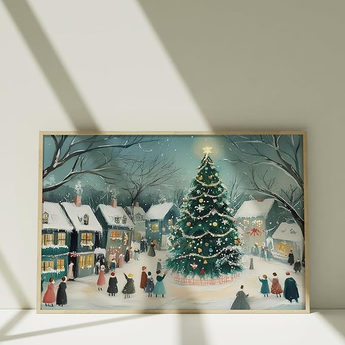 OZCONO Christmas Tree Village Art for Holiday Home Decor, Snowy Winter Town Scene Wall Art, Festive Christmas Gathering Artwork, Cozy Seasonal Winter Interior Decoration (Unframed) (12x18)