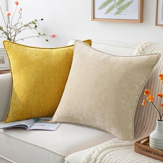 decorUhome Christmas Couch Throw Pillow Covers 18x18 Set of 2, Decorative Soft Euro Velvet Neutral Chenille Pillow Covers with Elegant Design for Sofa Bed Living Room Home Decor, Beige