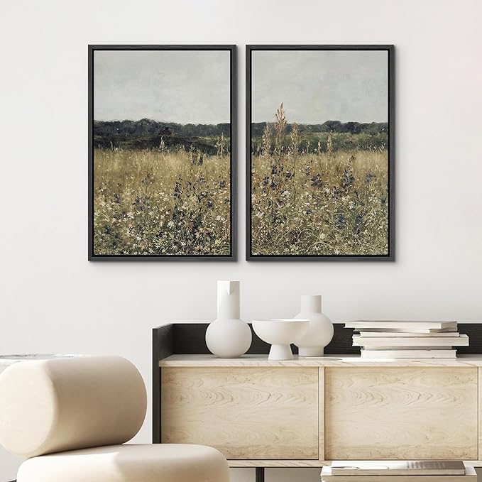 SIGNWIN Framed Canvas Print Wall Art Set Wildflower Meadow Under a Gentle Overcast Sky Illustration Modern Art Minimalism Decorative Nordic for Living Room, Bedroom, Office - 16"x24"x2 Black