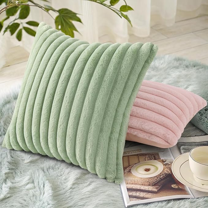 decorUhome Faux Fur Christmas Throw Pillow Covers 20x20 Set of 2, Decorative Soft Plush Striped Neutral Couch Euro Pillow Covers with Velvet Back for Sofa, Bed, Living Room Home Decor, Sage Green