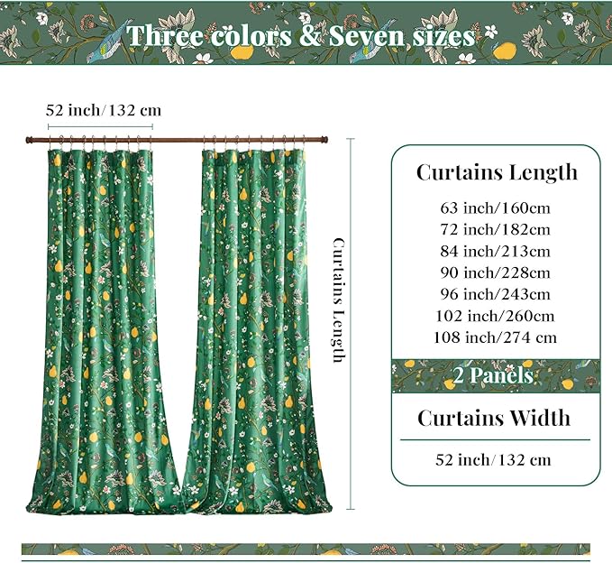 MUSSEL Luxury Velvet Floral Curtains 90 inches for Living Room,Dark Green Vintage Victorian Botanical Blackout Curtain Drapes,2 Panels Mid Century Art Deco Bird Flower Window Curtains for Bedroom