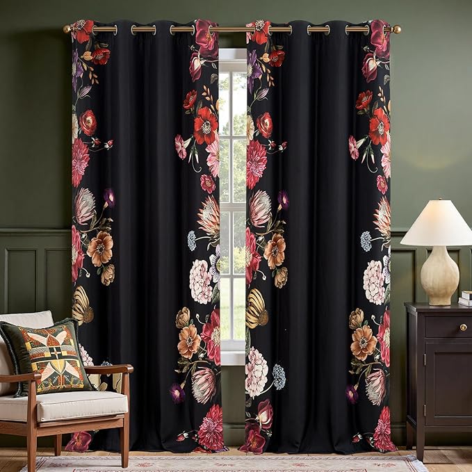 JINCHAN Hannah Floral Blackout Curtains with Retro Vintage Flower Print Drapes for Bedroom Living Room Fall Decor Winter Window Curtains Room Darkening 96 Inches Length 2 Panels Set with Grommet Black