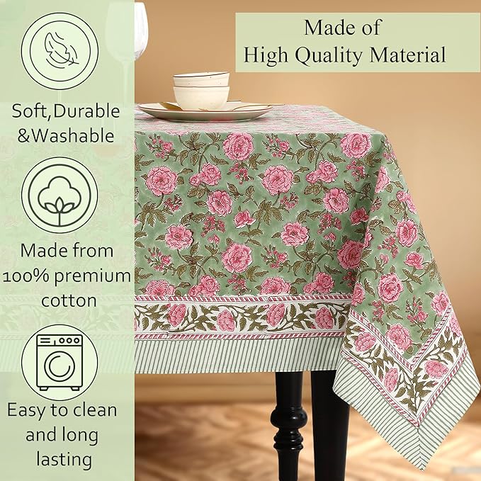 CPC Tablecloth 100% Cotton 70x108 Inch Indian Block Print Rectangle Table Cover, Gray Table Cloth for Weddings, Spring/Summer, Barbeque - Pink Tourmaline