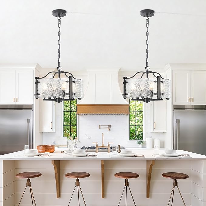 16.1" Black Glass Drum Chandelier - 4-Light Farmhouse Pendant Light Modern Round Ceiling Light Fixture with Adjustable Hanging Chain for Dining Room, Kitchen, Living Room, Foyer, Entryway