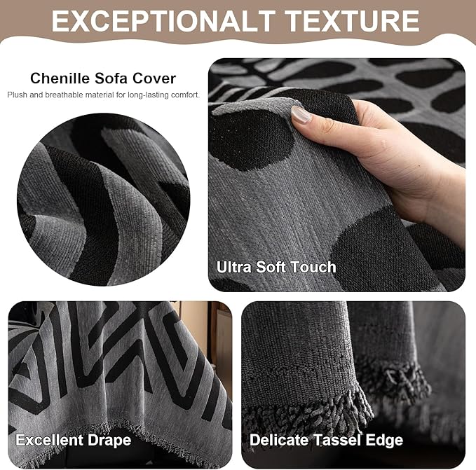 VClife Boho Couch Cover Soft Chenille Sofa Cover for Sofa Bed, 1 Piece Large Couch Covers for 2 Cushion Couch Sofa Washable Gray Black Jacquard Pattern Sofa Protector for Living Room 71''x118''
