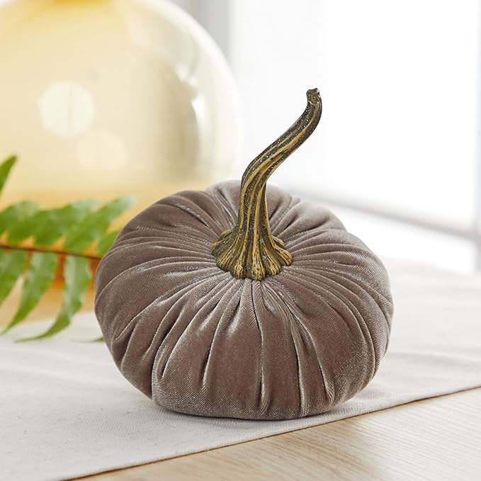 Set of 3 Velvet 6.25 Inch Pumpkins, fall decor, cozy autumn vibe, tiered tray tablescape, elegant accent decor, Thanksgiving centerpiece, neutral mantel decor (Gray, Taupe, Ivory)