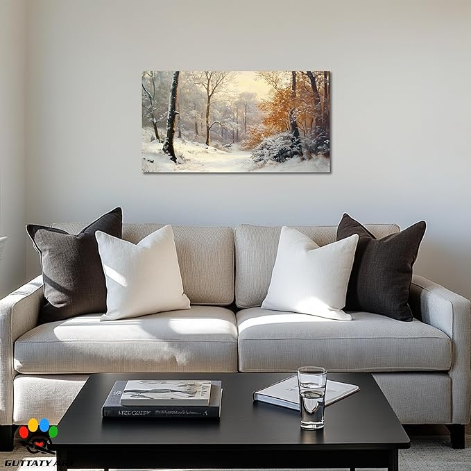 GUTTATY Christmas Winter Scene Canvas Wall Art, Snowy Forest Wall Painting, Warm Light Tree Poster, Winter Canvas Prints for Living Room, Holiday Wall Decor, Hanging Pictures for Bedroom, 16x8 Inch