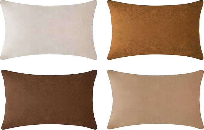 MONDAY MOOSE Decorative Throw Pillow Covers Cushion Cases, Set of 4 Soft Velvet Modern Designs, Mix and Match for Home Decor, Pillow Inserts Not Included (12x20 inch, Brown/Beige)
