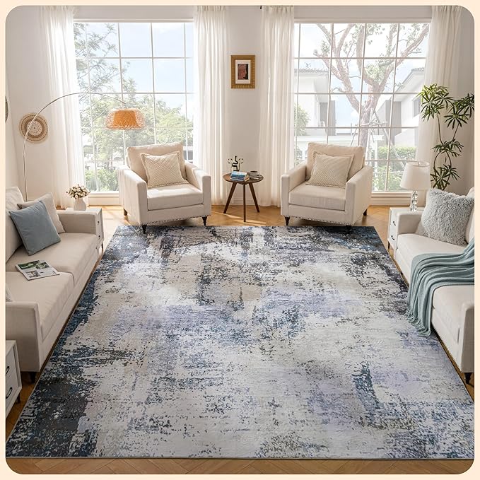 Istana Living Room Rug 10x14 - Grey Navy 10 x 14 Area Rug - Foldable Machine Washable Area Rugs 10x14 - Stylish 10x14 Area Rugs Boho - Stain Resistant Washable Rug 10x14
