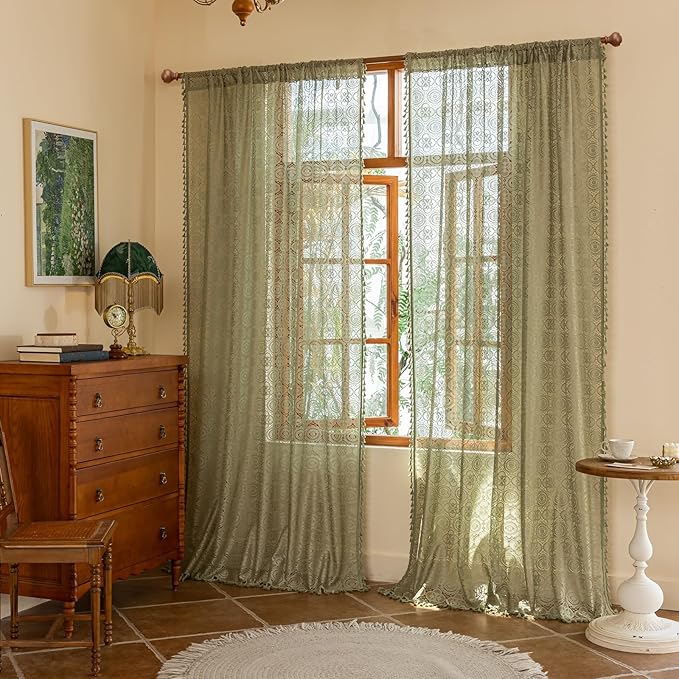 YJ YANJUN Green Sheer Curtains 96 Inches Long, 2 Panels, Vintage Crochet Doily Pattern, Aesthetic Boho Cottagecore Style, Sage Lace Curtains for Bedroom Living Room, 8ft Spring Drapes W59 x L96
