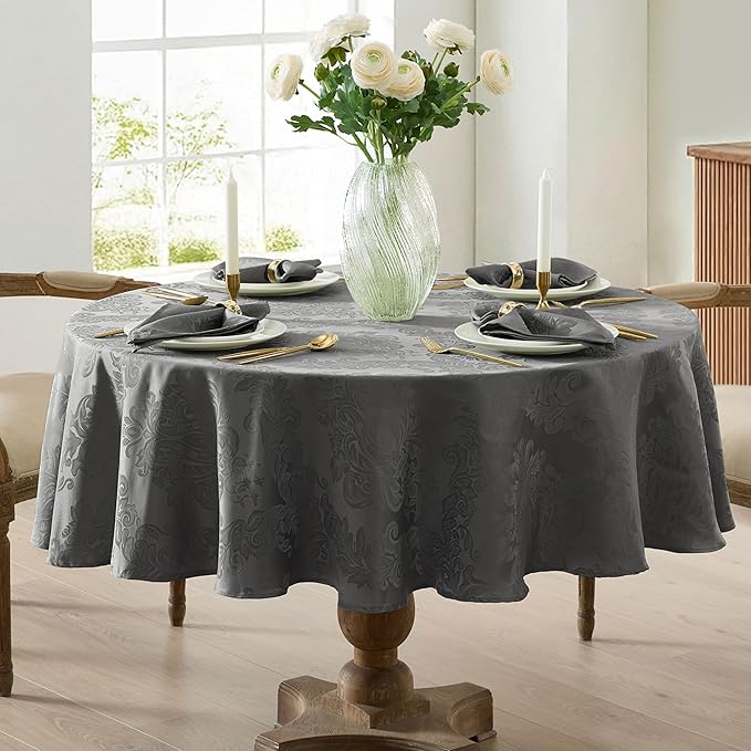 Newbridge Barcelona Damask Fabric Tablecloth, 70 Inch Round, Grey – No Iron, Soil Resistant Table Cover for Dining, Parties and Holidays