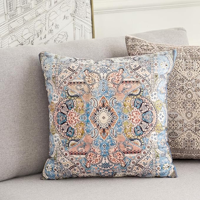 Boho Floral Throw Pillow Covers 16x16 inch Set of 2,Blue Boho Rug Geometric Floral Pattern Decor Double Sided Pattern Cushion Cover Soft Pillow Case Living Sofa Room Bed Square Pillow Cover