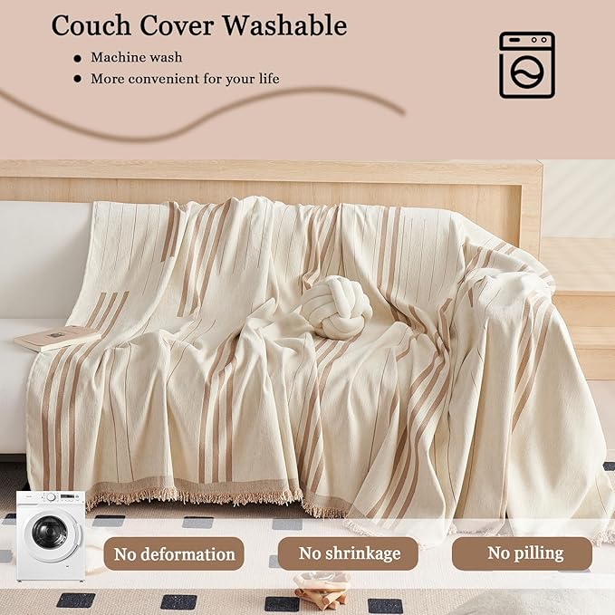 DREAMINGO Couch Cover Washable Chenille Sofa Protector for Pet Kids Beige Coffee Loveseat Couch Covers for 2 Cushion Couch Stripe Jacquard Versatile Sofa Throw Slipcover for Futon Couch, 71"x102"