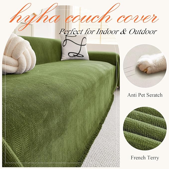 hyha Couch Cover for Dogs, Boho Sofa Covers for 3 Cushion Couch Washable, Chenille Sofa Slipcover for Pets, Soft Loveseat Sectional Couch Throw Blankets with Tassels (Green, 71x134 Inch)