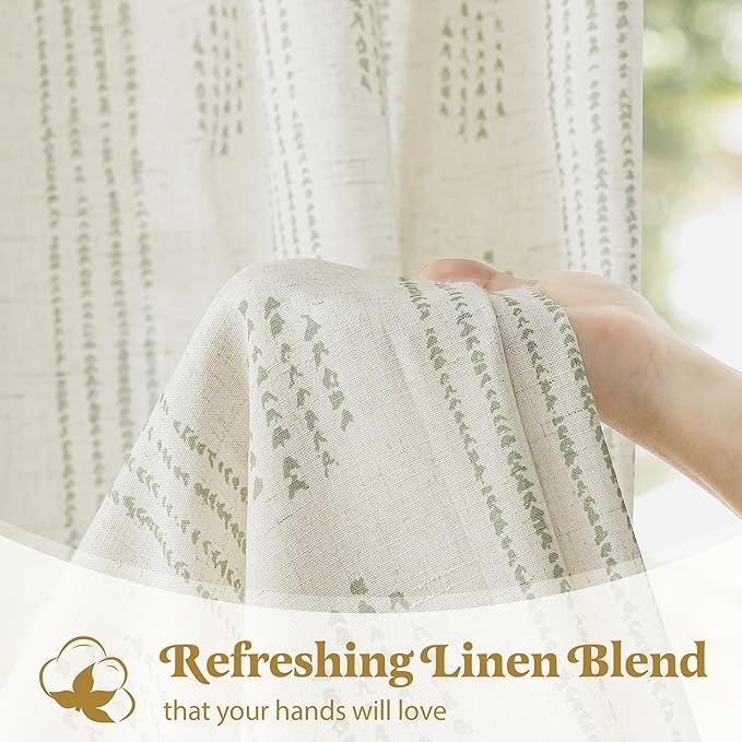 Boho Linen Curtains for Bedroom Living Room Sage Green Farmhouse Boho Curtains 72 Inches Long Geometric Striped Patterned Mudcloth Grommet Top Rustic Window Drapes 2 Panels Green on Beige