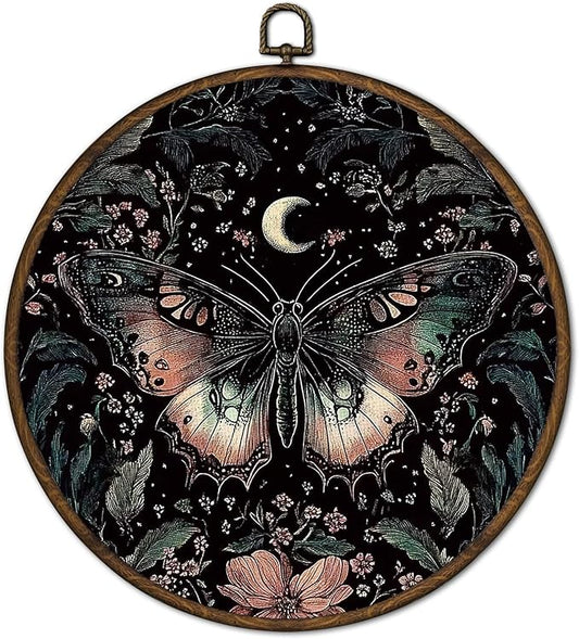 cvjutf Gothic Butterfly Wall Art Framed, Butterfly Bathroom Decor, Witchy Moth Round Wall Decor, Dark Cottagecore Moth Canvas Prints Art for Gallery Bathroom Bedroom Living Room, 10x10 Inch