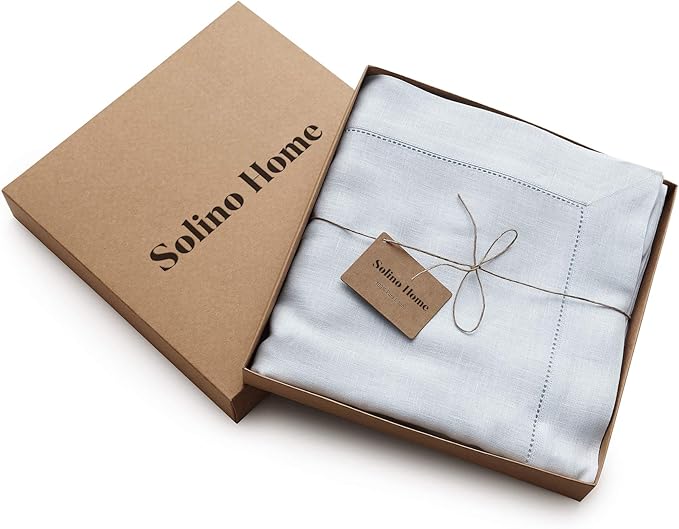 Solino Home Light Blue Linen Tablecloth 60 x 120 Inch - 100% Pure Linen Hemstitch Table Cloth for Rectangle Tables - Classic Hemstitch, Machine Washable Tablecloth for Christmas, Winter