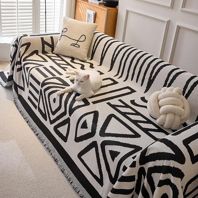 DREAMINGO Boho Couch Cover Washable Chenille Sofa Cover Blanket Beige Black Furniture Protector for Sectional 2 Cushion Couch Geometric Jacquard Reversible Loveseat Slipcover, Large 71"x118"