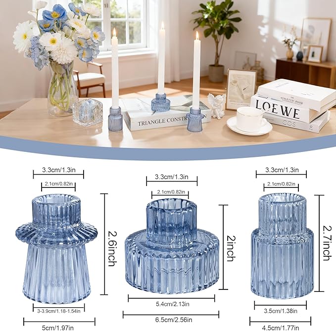 WELLIFE Blue Glass Candle Holder, 6 Pcs Tapered Candlestick Holders, Blue Glass Candlestick Holder for Table Centerpieces, Wedding Decor & Dinner Party