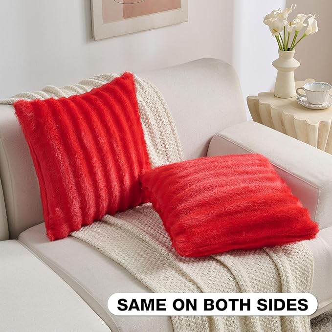 FUTEI Christmas Red Decorative Throw Pillow Covers 16x16 Inch Set of 2,Soft Fluffy Faux Rabbit Fur Dyeing Striped Textured Cushion Case,Modern Home Decor for Couch Bed Living Room