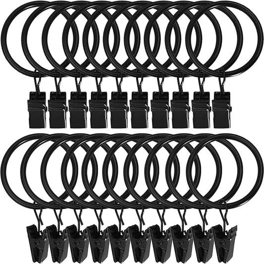 20 Pack Metal Curtain Rings with Clips, Curtain Clip Rings Hooks for Hanging Drapery Drapes Bows, Curtain Rod Rings 1.5 inch Interior Diameter, Black